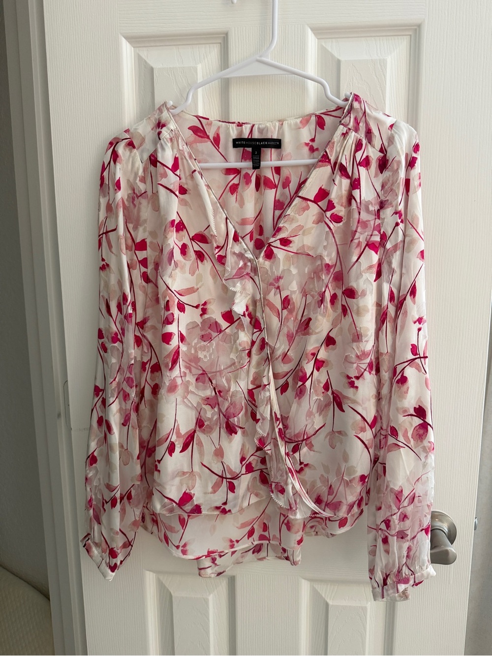 White House Black Market Cream Blouse with Pink Leaf Motif